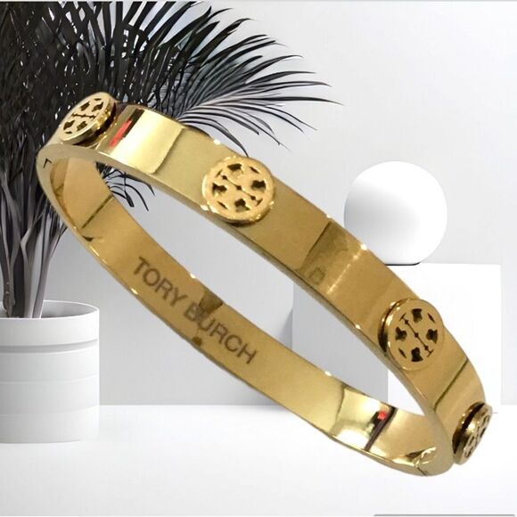 TORY BURCH STUDDED DOUBLE T LOGO BRACELET - Picture 1 of 6
